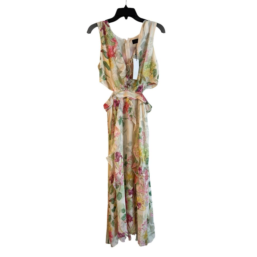 Zara Floral Print Cut-out Dress Ruffle Lace Up V Neck Slit Maxi Sleeveless M NWT - Picture 2 of 6